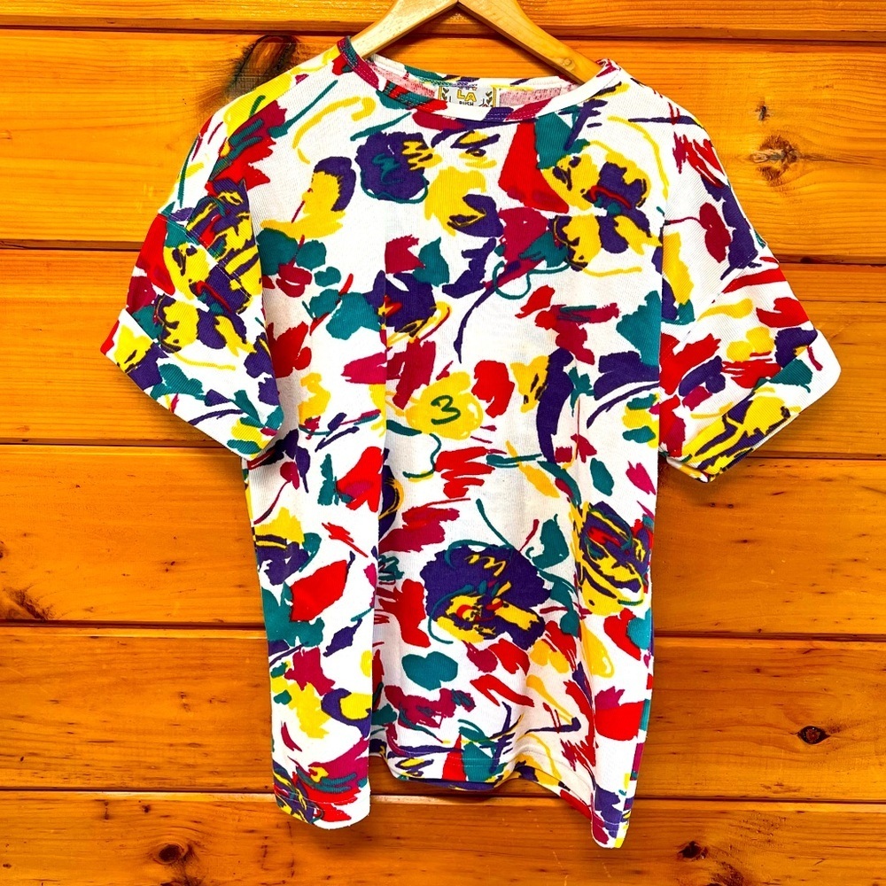 Vintage LA Rush Bright Floral Colorful Short Sleeve Oversized Small Top